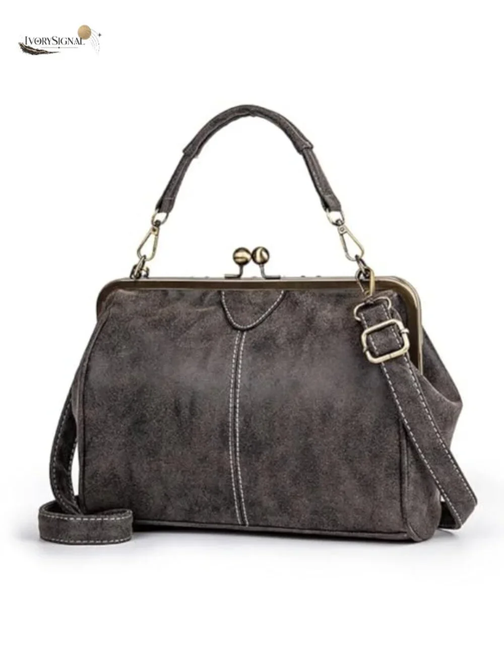 Vegan Leather Satchel Handbag with Kiss Lock Top Handle Removable Crossbody